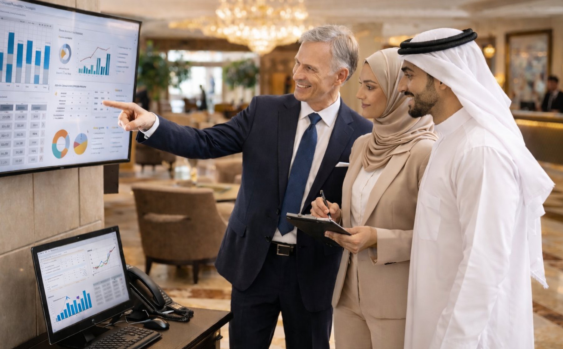 Abdoun Palm advisors presenting hotel performance data to owners